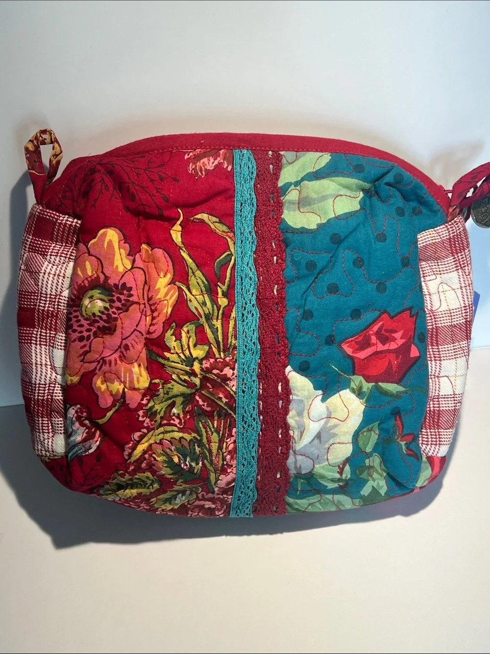 April Cornell Red Floral Quilted Cosmetic Crossbody with Teal Accents